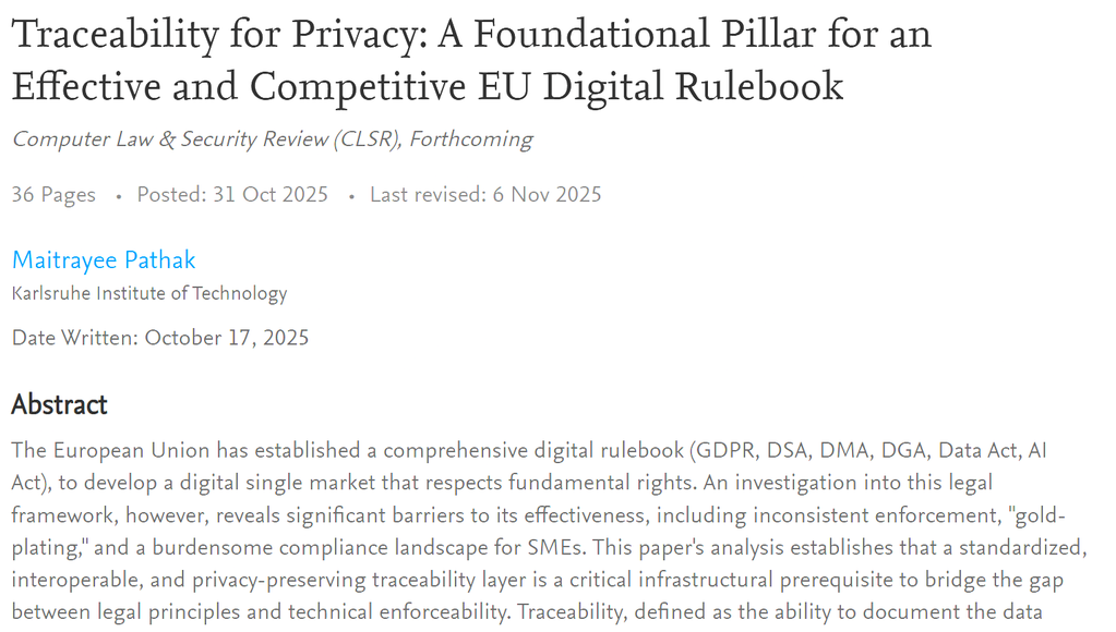 Academic article on traceability, privacy, and EU digital rulebook and ethics.