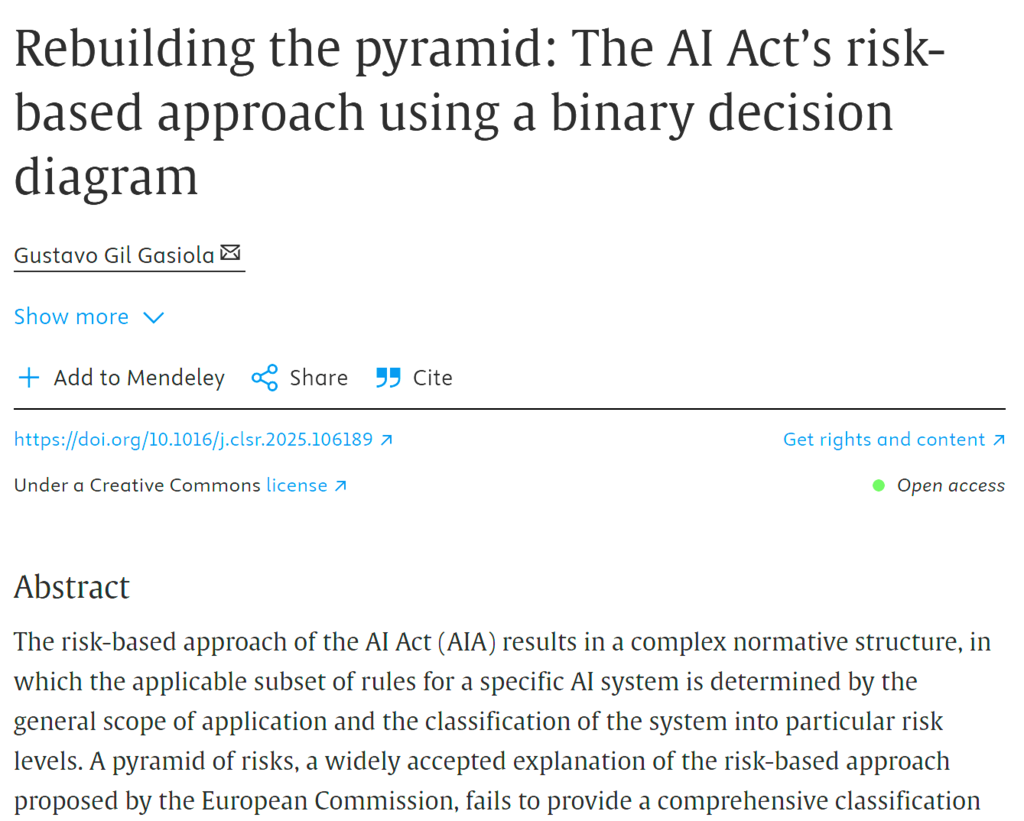Preview of a scientific article titled "Rebuilding the pyramid: The AI Act’s risk-based approach using a binary decision diagram" by Gustavo Gil Gasiola.